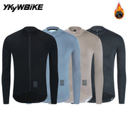 YKYWBIKE men's cycling jersey, long-sleeve thermal fleece lining, shown in black, blue, beige and gray, 4 colorways
