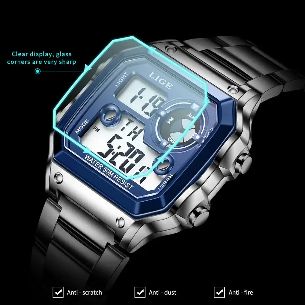 LIGE men's digital sport watch with blue bezel and stainless steel band; water resistant 50m.