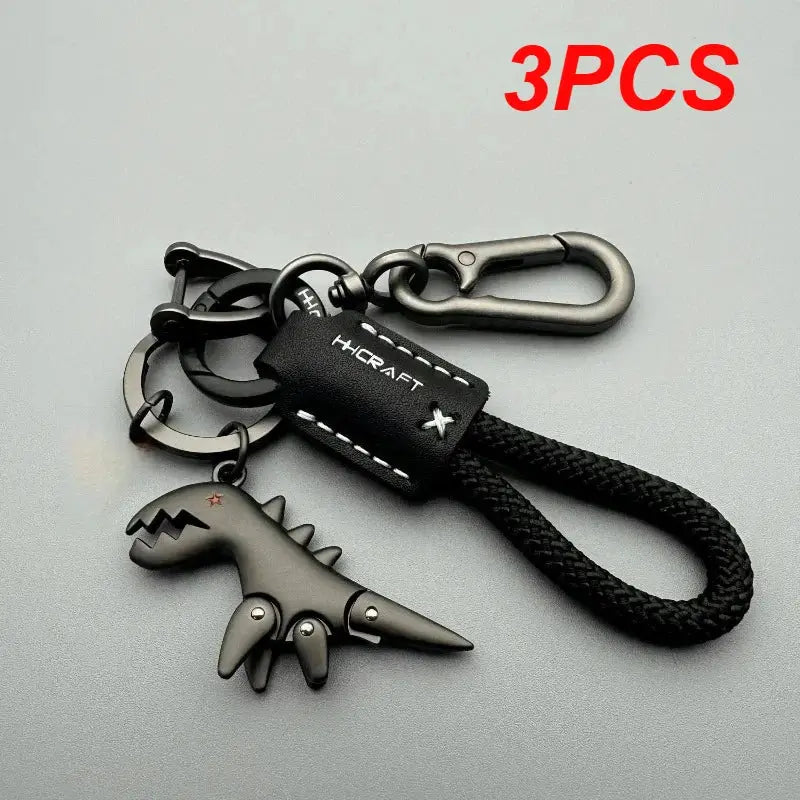 Keychain set with black braided leather strap and dinosaur charm; 3pcs, HCRAFT