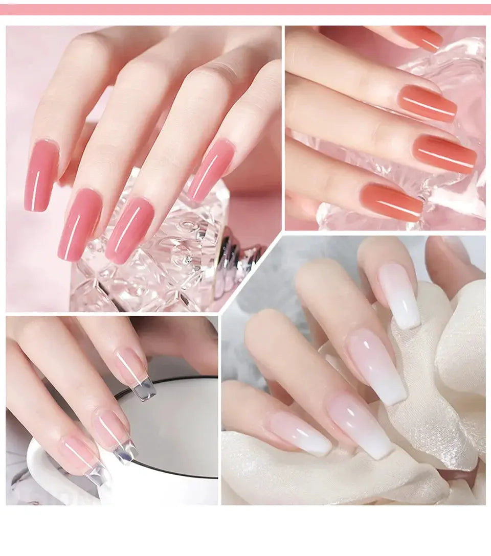 6-piece Simples Market extension nail gel set; coffin nails in pink, peach, nude and white glossy finishes