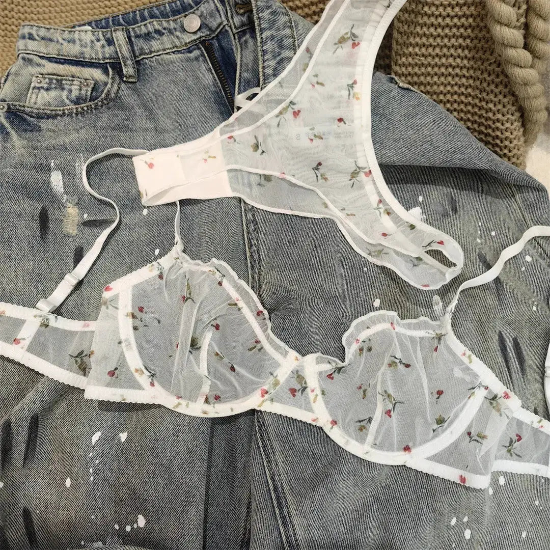 Floral Prints Women Lingerie Set Lace Bra Ultra Thin Bralette