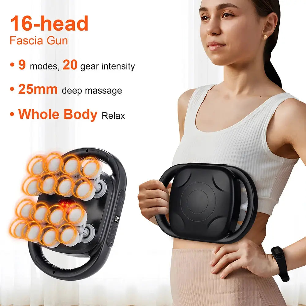 16-head fascia gun massager by Simples Market with orange-lit massage heads for full-body relief