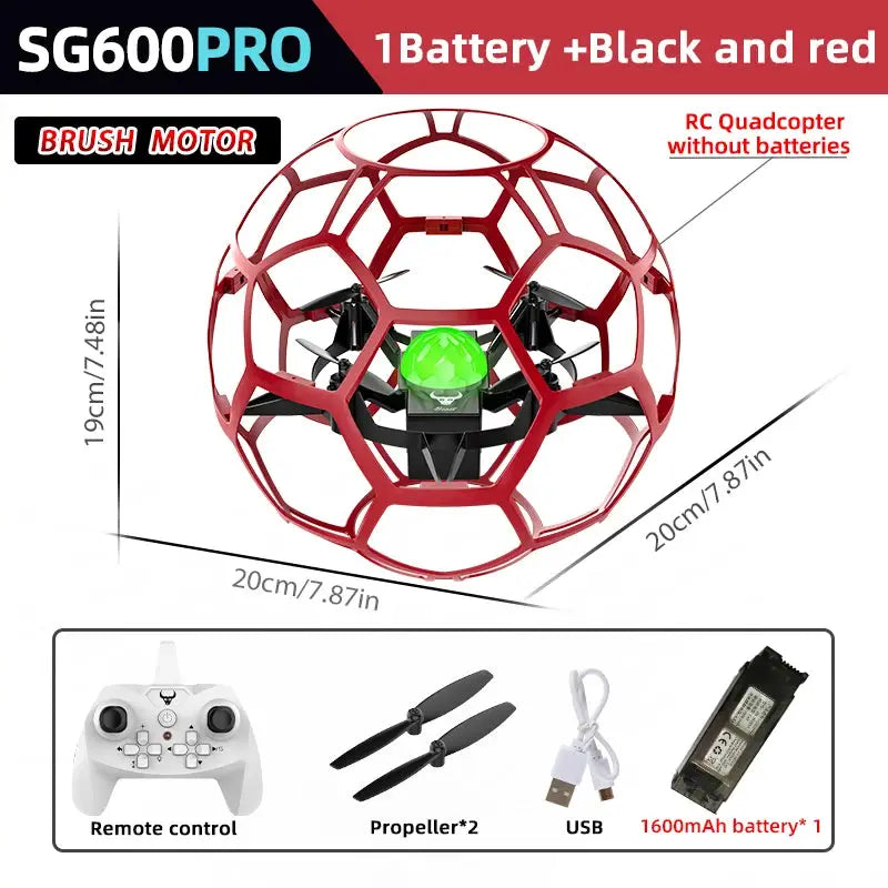 SG600 MAX football drone in red protective sphere with green LED, remote control and accessories