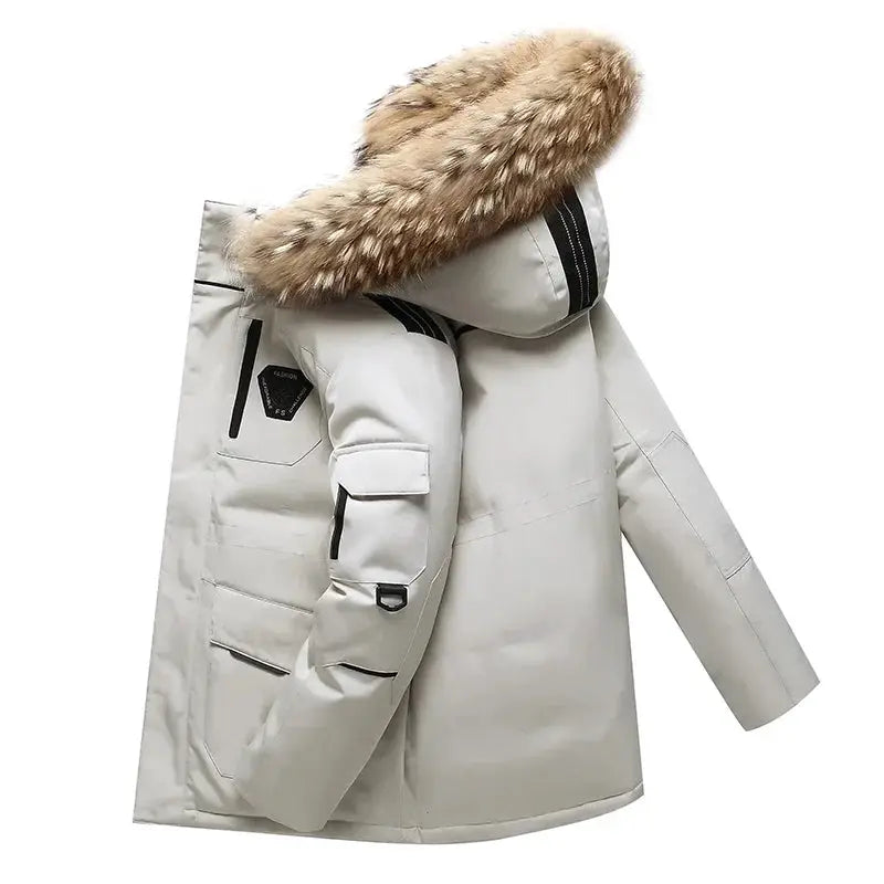 Men's thermal down puffer jacket in light gray with detachable fur hood and multiple pockets