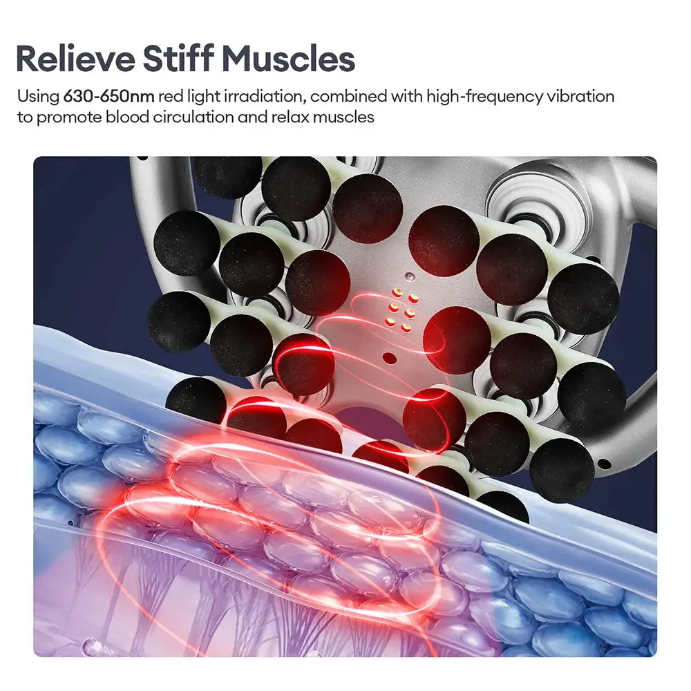 42-head fascia gun massage device by Simples Market with black interchangeable heads and high-frequency vibration.