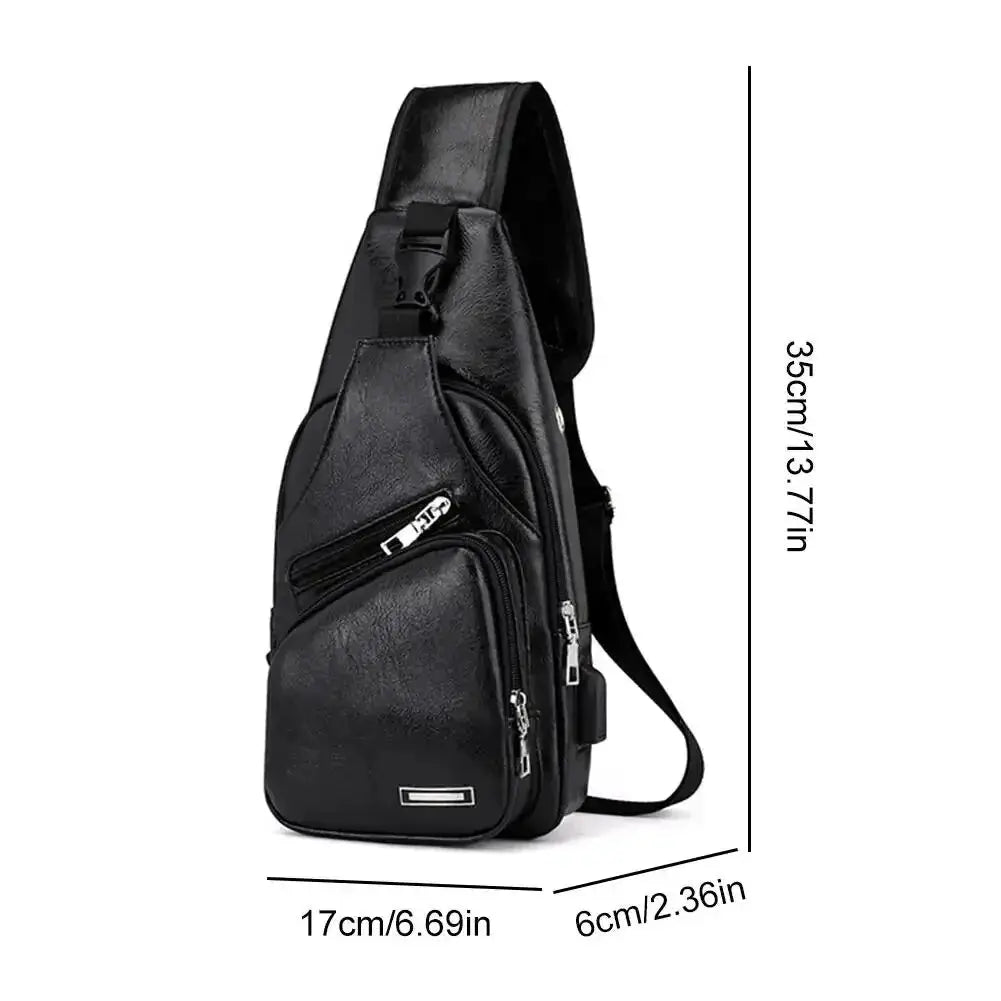 Men's PU crossbody bag with USB charging, multiple zip pockets, black