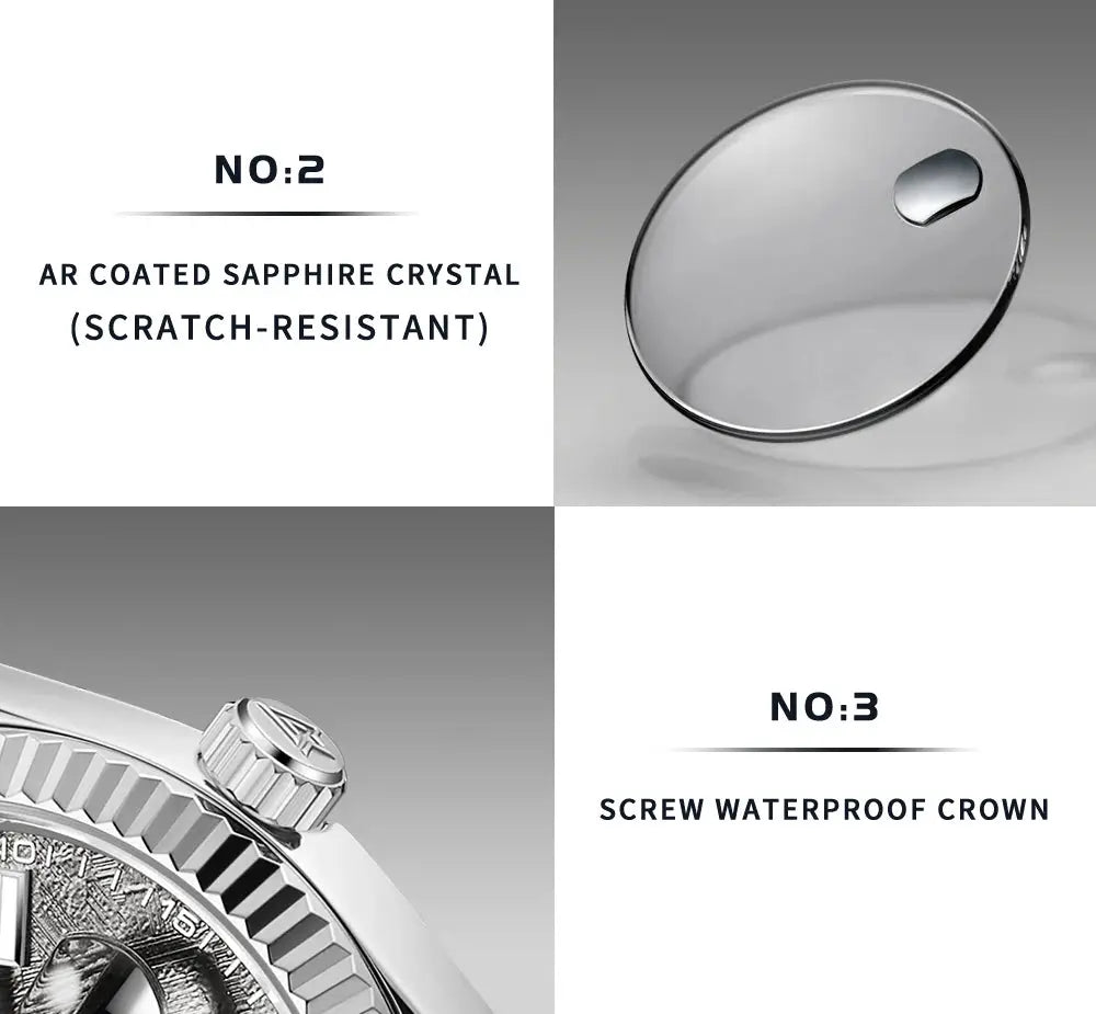 CADISEN men's mechanical automatic watch with AR sapphire crystal and screw-down crown