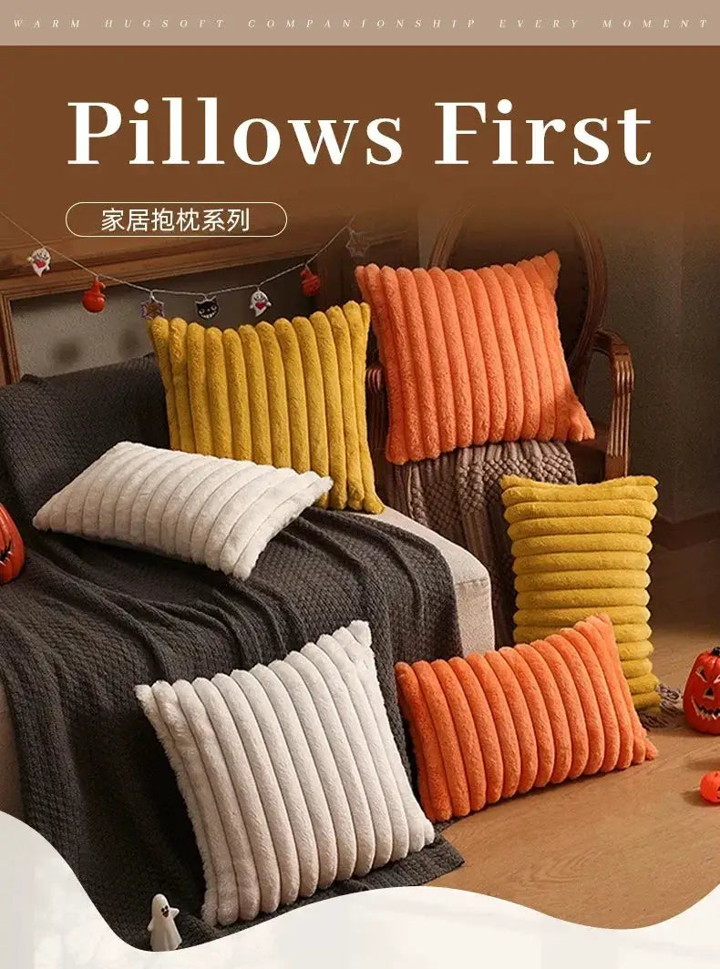 Faux rabbit fur cushion cover set, striped plush covers in white, ivory, yellow and orange for sofa decor