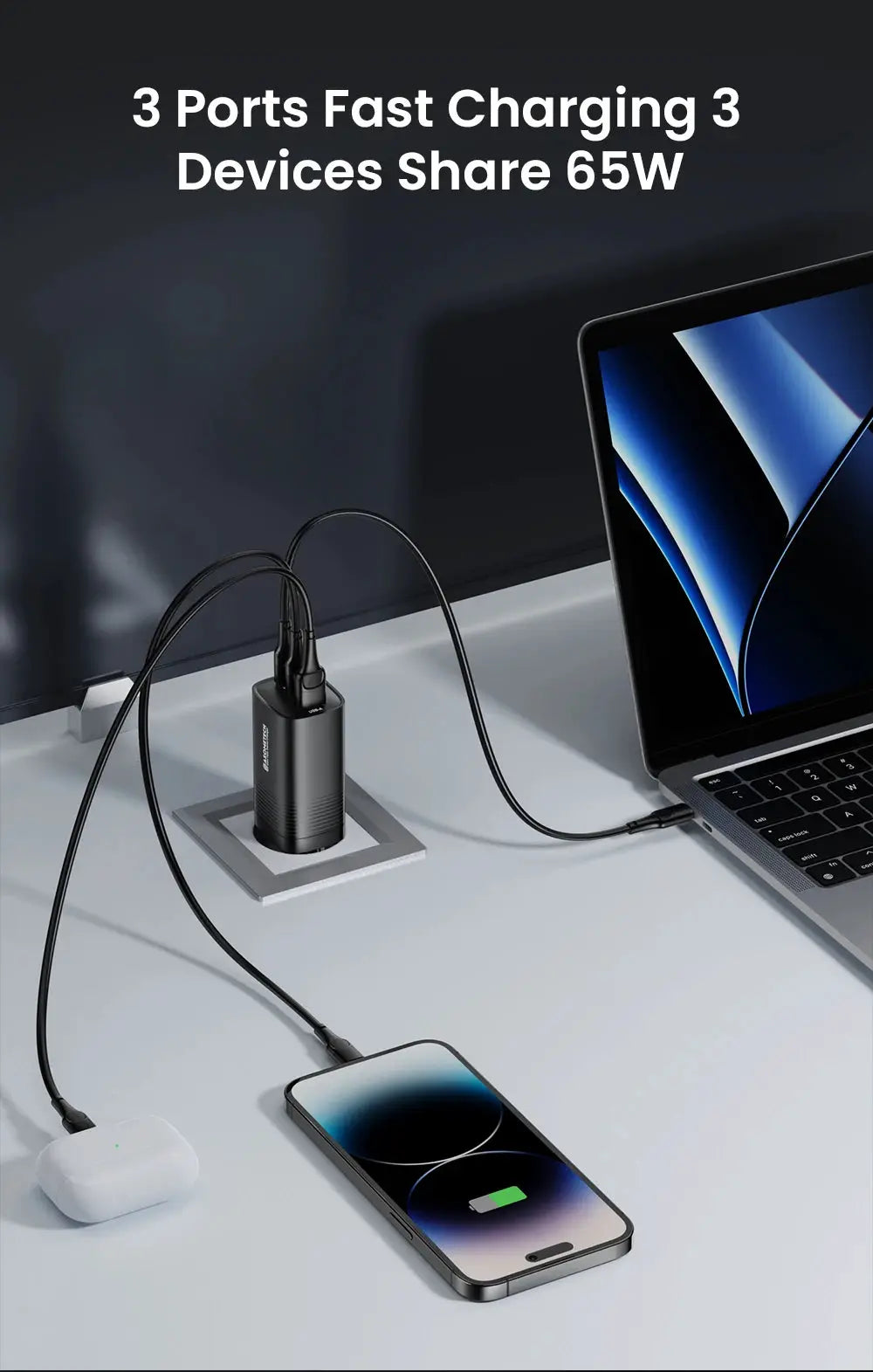 ASOMETECH GaN USB-C Charger 65W, 3-port black charger for MacBook, iPhone and AirPods