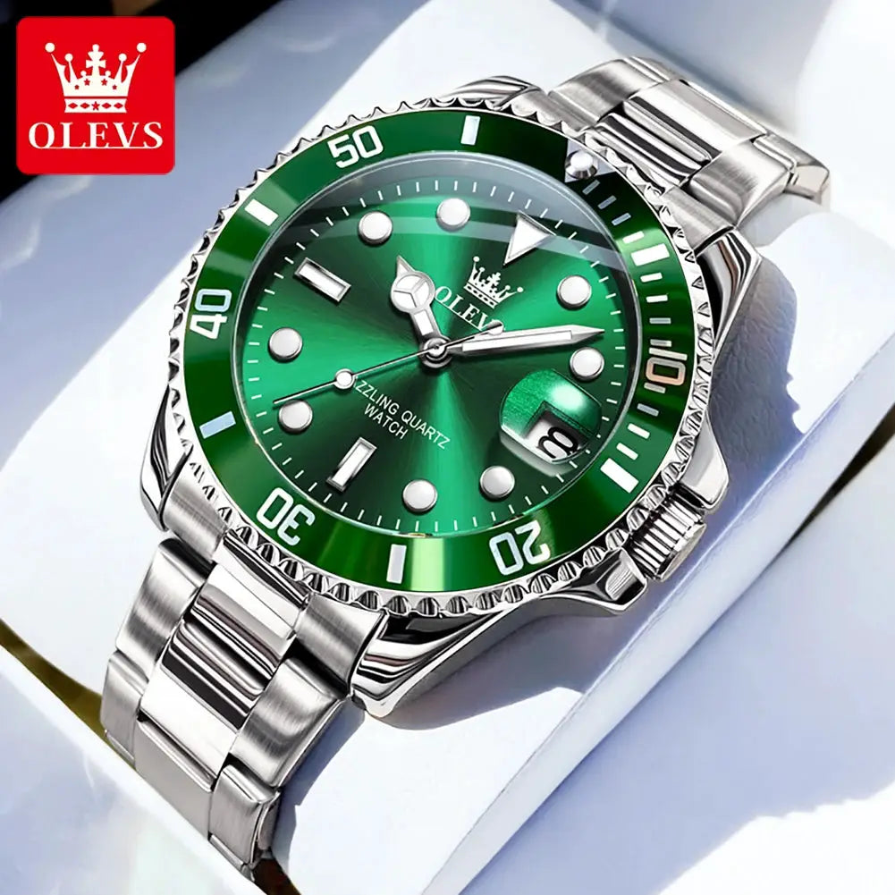 OLEVS 5885 men's watch with stainless steel strap, green dial, date window