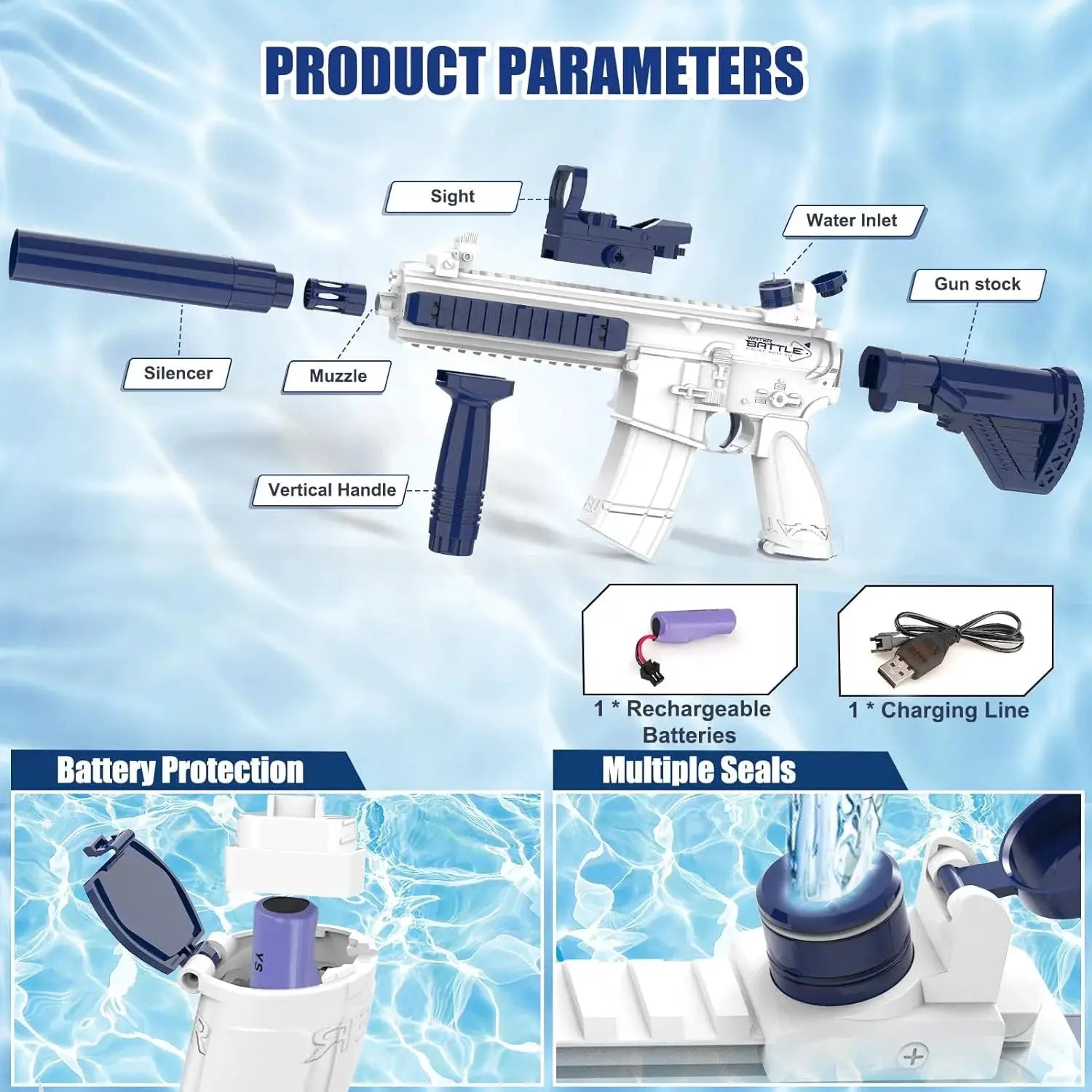 Unilabo M416 Electric Water Gun Battery Powered with External Water Bottle Attachment for Kids and Adults Outdoor Fun
