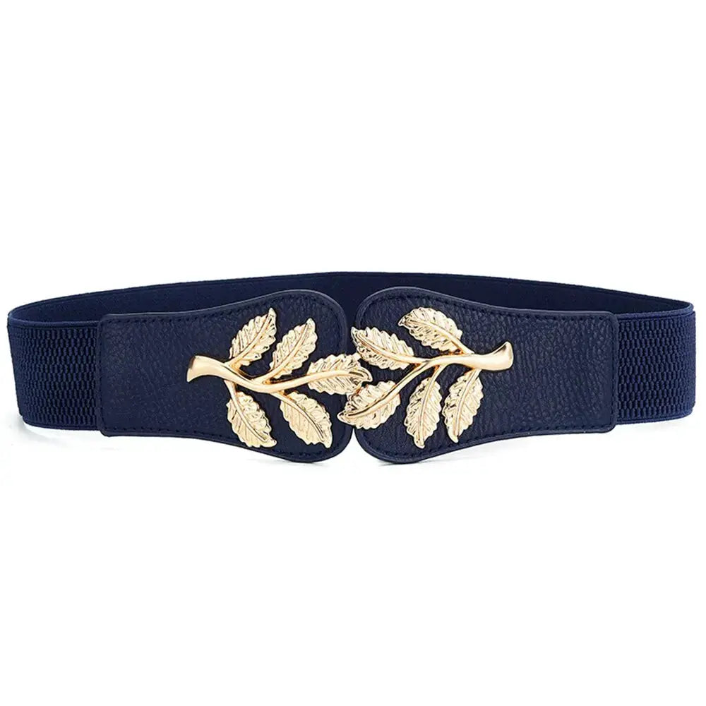 Aurora Women's Elastic Waist Belt With Gold Leaf Closure And Double Hook Buckle With Elegant Secure Fit