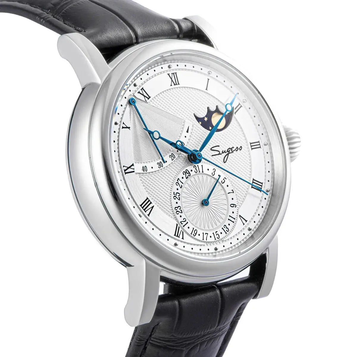 Sugess Moonphase men's watch with blue hands, stainless steel case, black leather strap, sapphire glass.