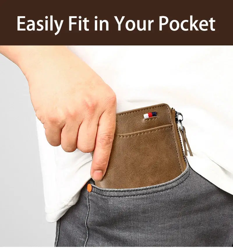 Men's brown leather zipper wallet with RFID protection tucked in pocket.