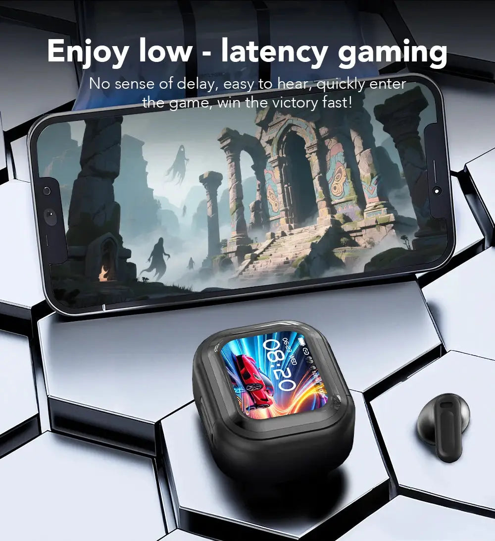 Translator HTC NE20 wireless earphones in black with charging case and smartphone (three items).