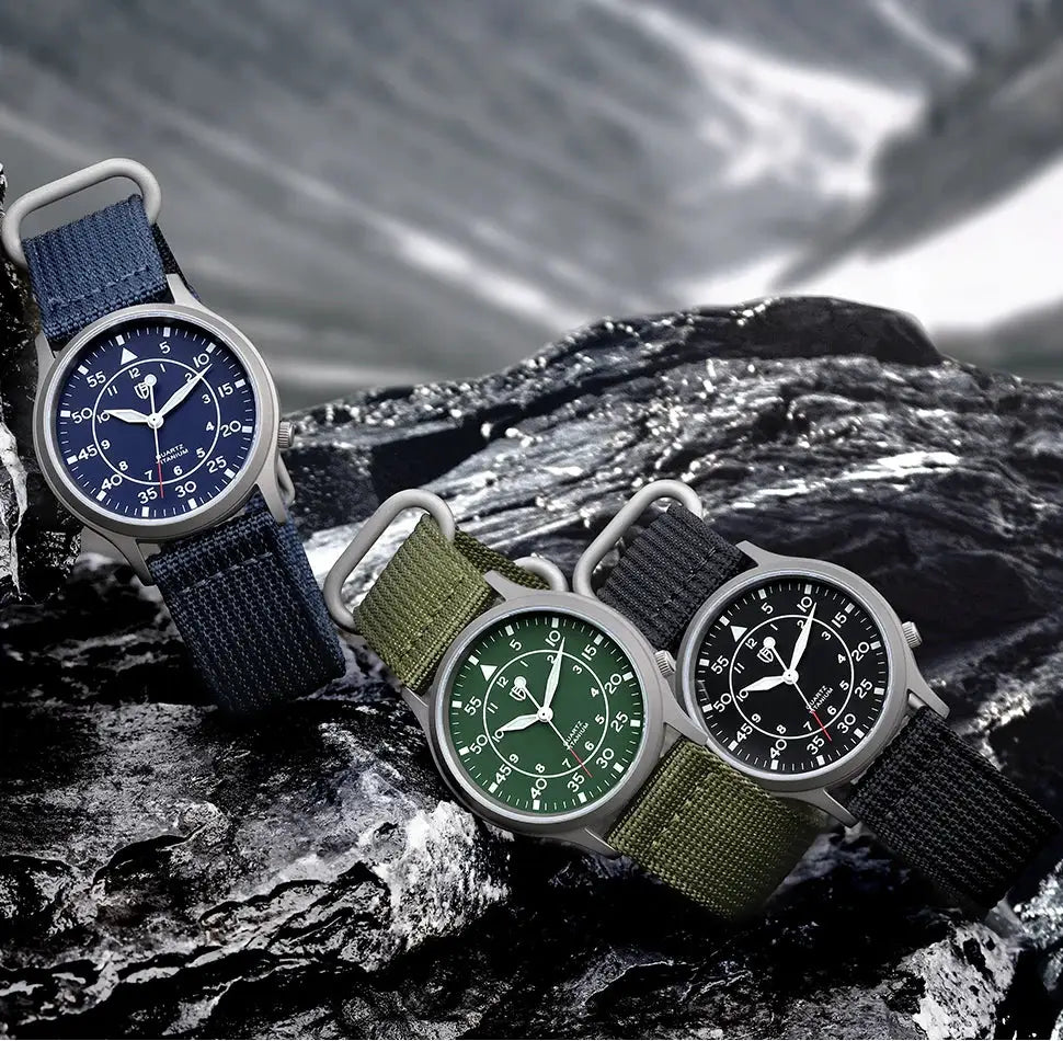 BERNY Titanium Watch for Men, AR-coated sapphire, luminous dials, 3 NATO-strapped watches in blue, green, and black