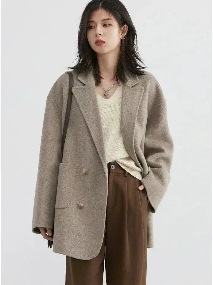Chic Ven Womens Woolen Coat Loose Casual Fit Retro Double Breasted Outerwear For Autumn And Winter