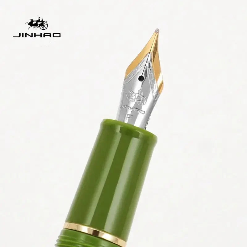 Jinhao 82 fountain pen with green body and gold nib, Jinhao logo visible.