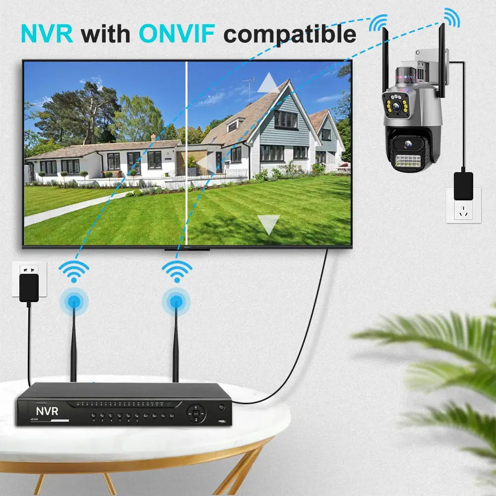 Simples Market outdoor WiFi PTZ camera with dual lenses and AI auto-tracking, 4K/8MP, shown with NVR and monitor.