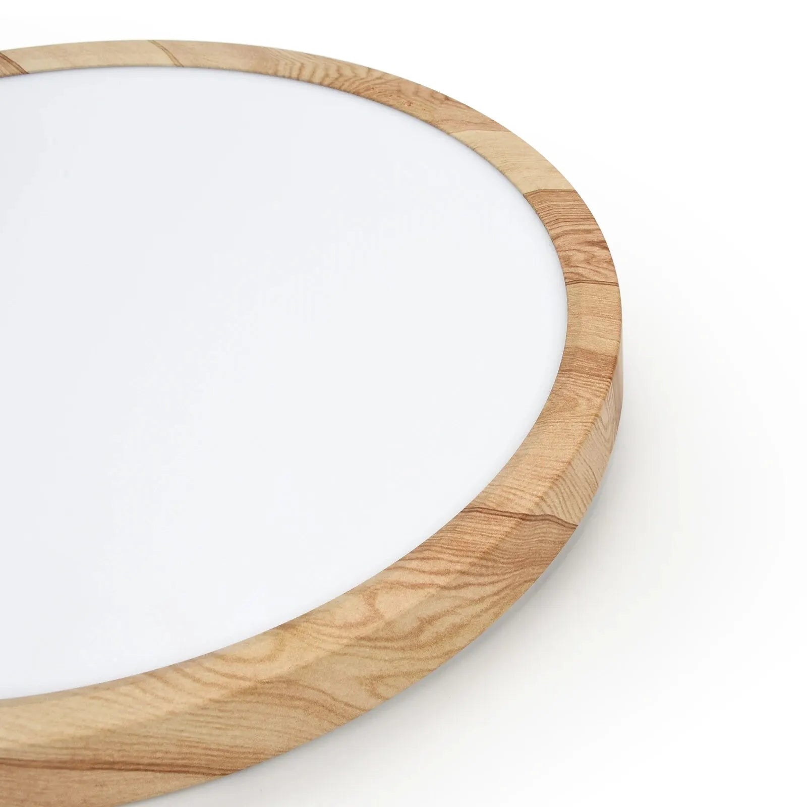 Round flush LED ceiling light with a wood grain frame and white diffuser.