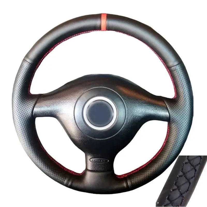 Steering wheel cover, black leather with red stitching, non-slip grip.