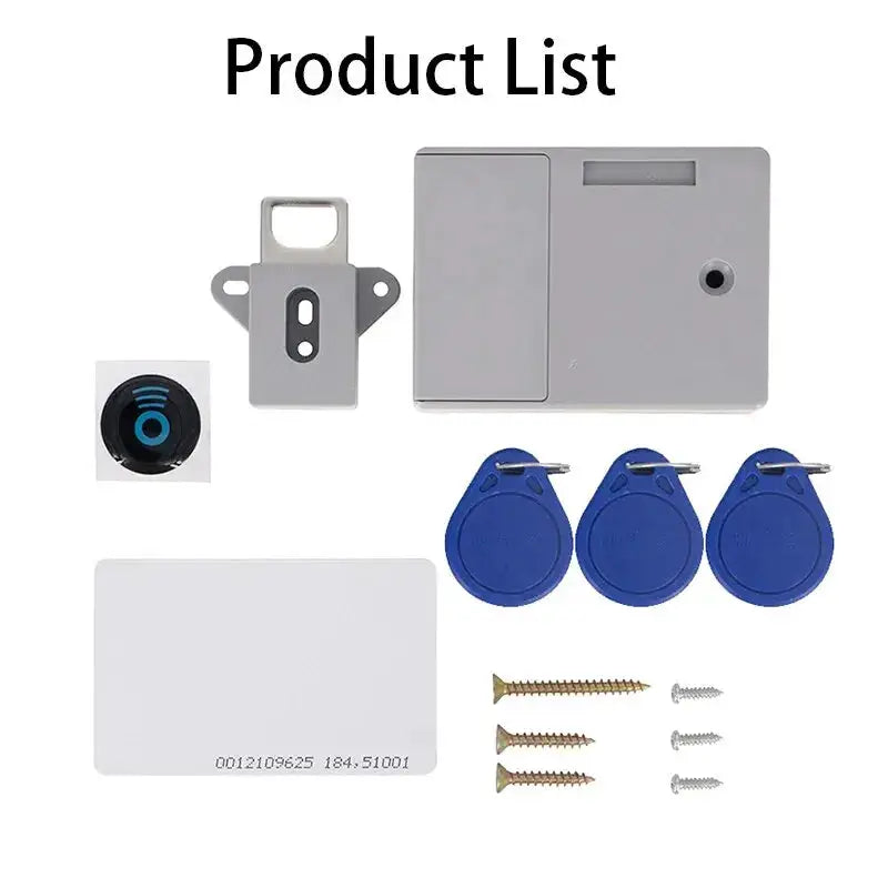 Simples Market RFID lock kit for furniture; hidden install, three blue key fobs, RFID card, mounting plate