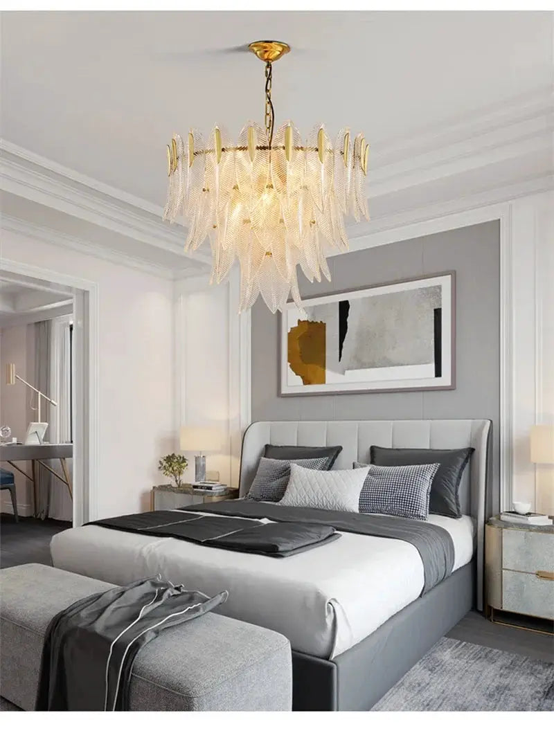 French Romantic Glass Chandelier Pendant Lamp by Simples Market, gold-tone glass leaf blades in a modern bedroom
