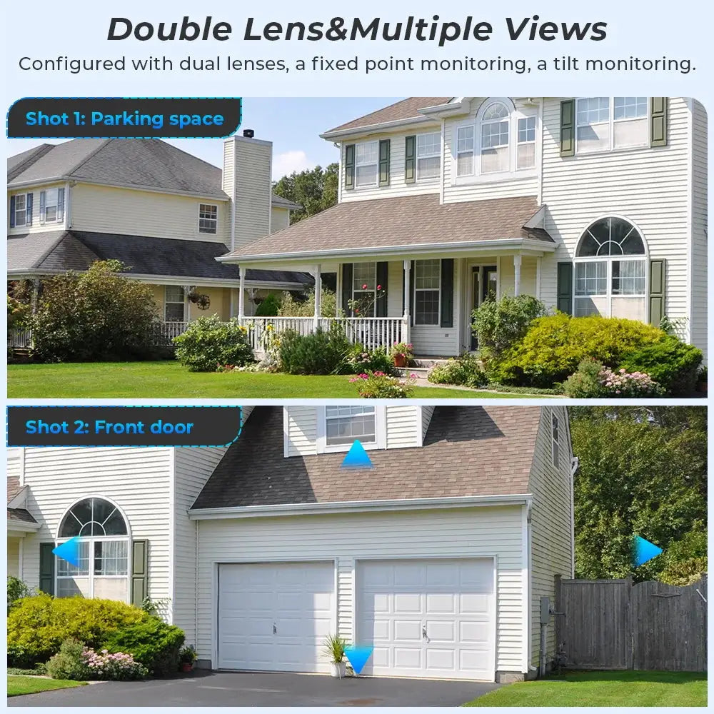 Simples Market BESDER outdoor security camera with dual lenses and two-view split panels showing parking space and front door.