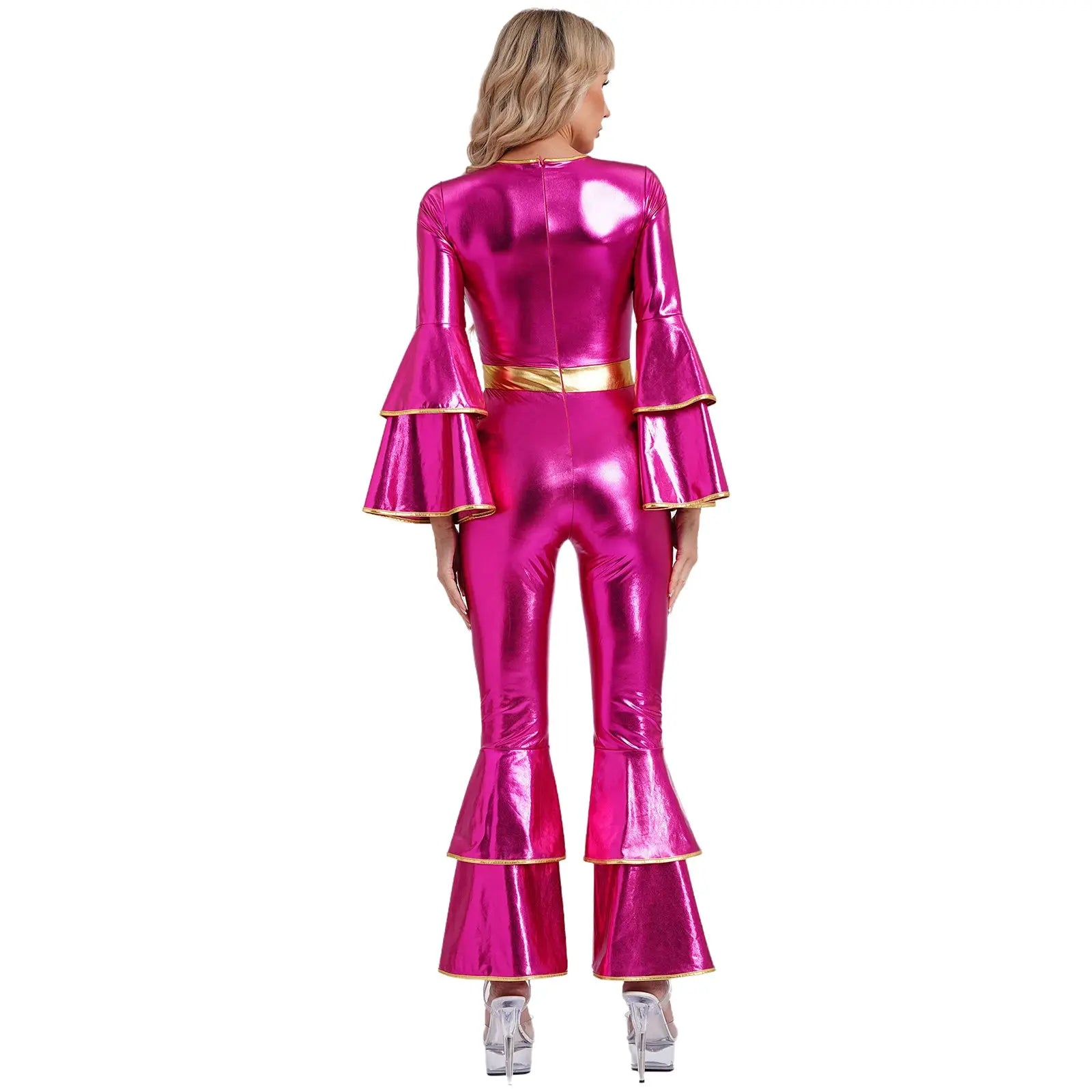 Simples Market womens metallic pink 70s disco jumpsuit with bell flare sleeves and gold waist belt, back view