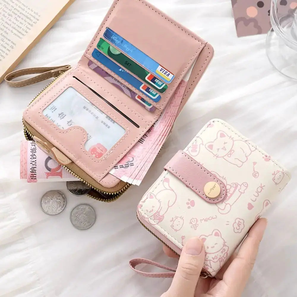 Two wallets: pink PU leather long cardholder with slots and a cream cat-print coin purse