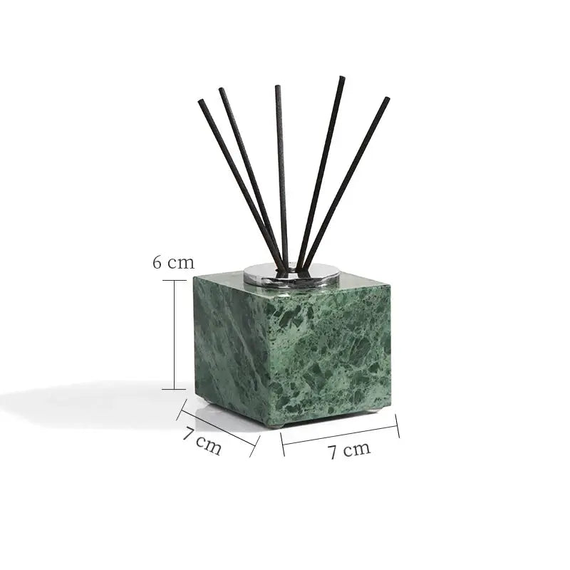 Green natural marble cube reed diffuser with black sticks, 7x7x6 cm