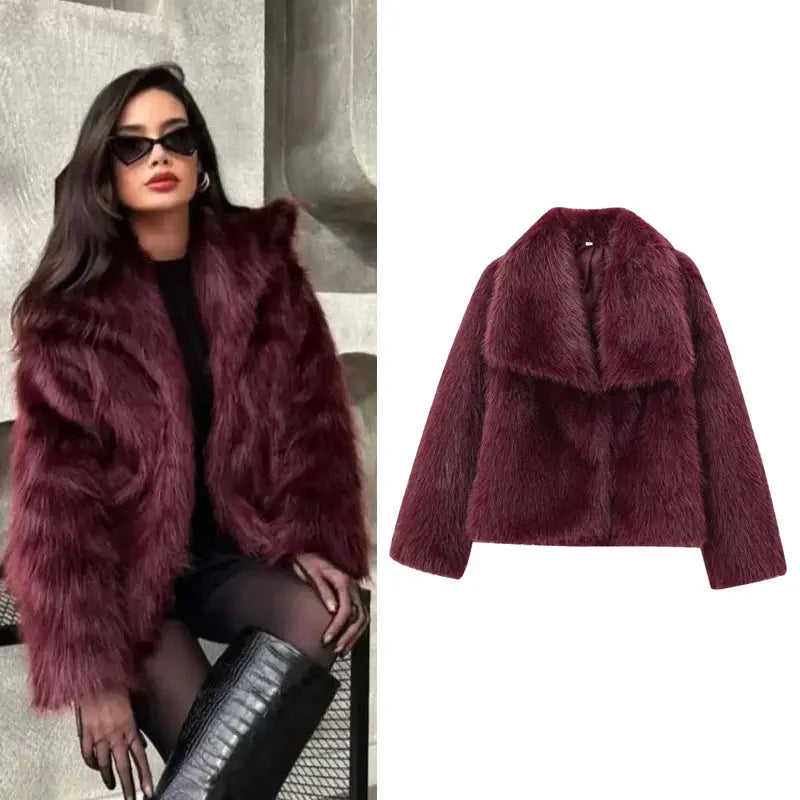 HXAO Womens Plush Burgundy Bomber Jacket Fur Coat For Warm Winter Comfort And Style