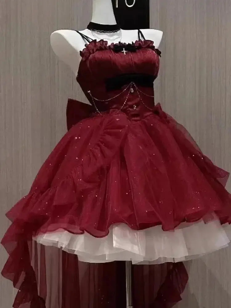 Gothic Y2K Sling Party Dress For Women Harajuku Retro Tulle Ruffles