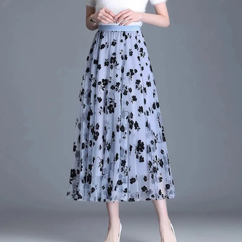 Tulle floral midi skirt, lavender with black flower print, Simples Market