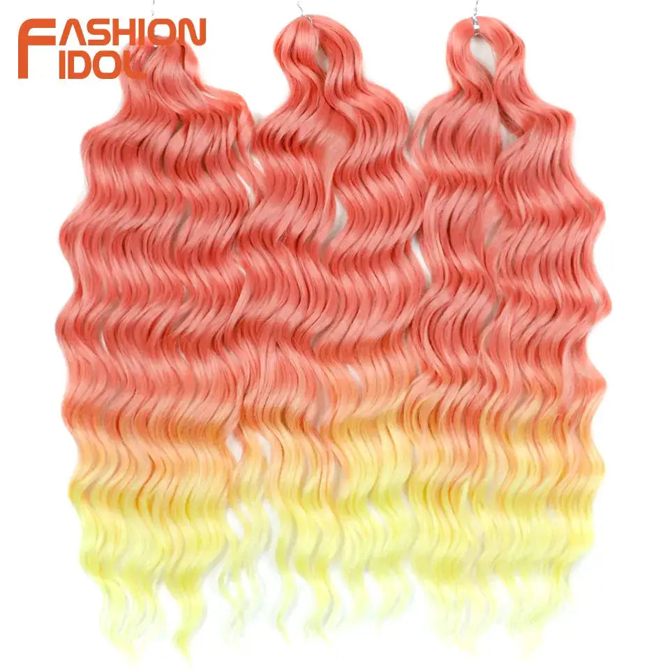 Anna 24in synthetic water-wave braiding hair extensions, ombre pink to yellow, 3 bundles, Fashion Idol logo