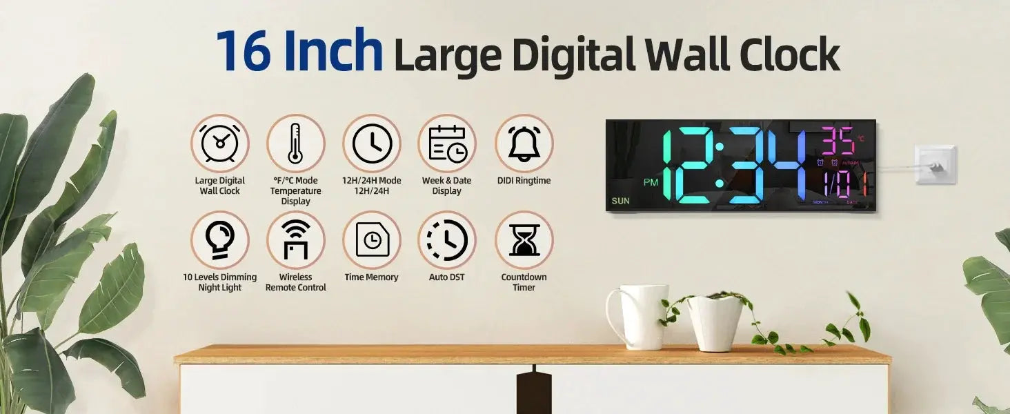 16.2-inch large digital wall clock by Simples Market with remote, dual alarm, big LED display, 8 RGB colors