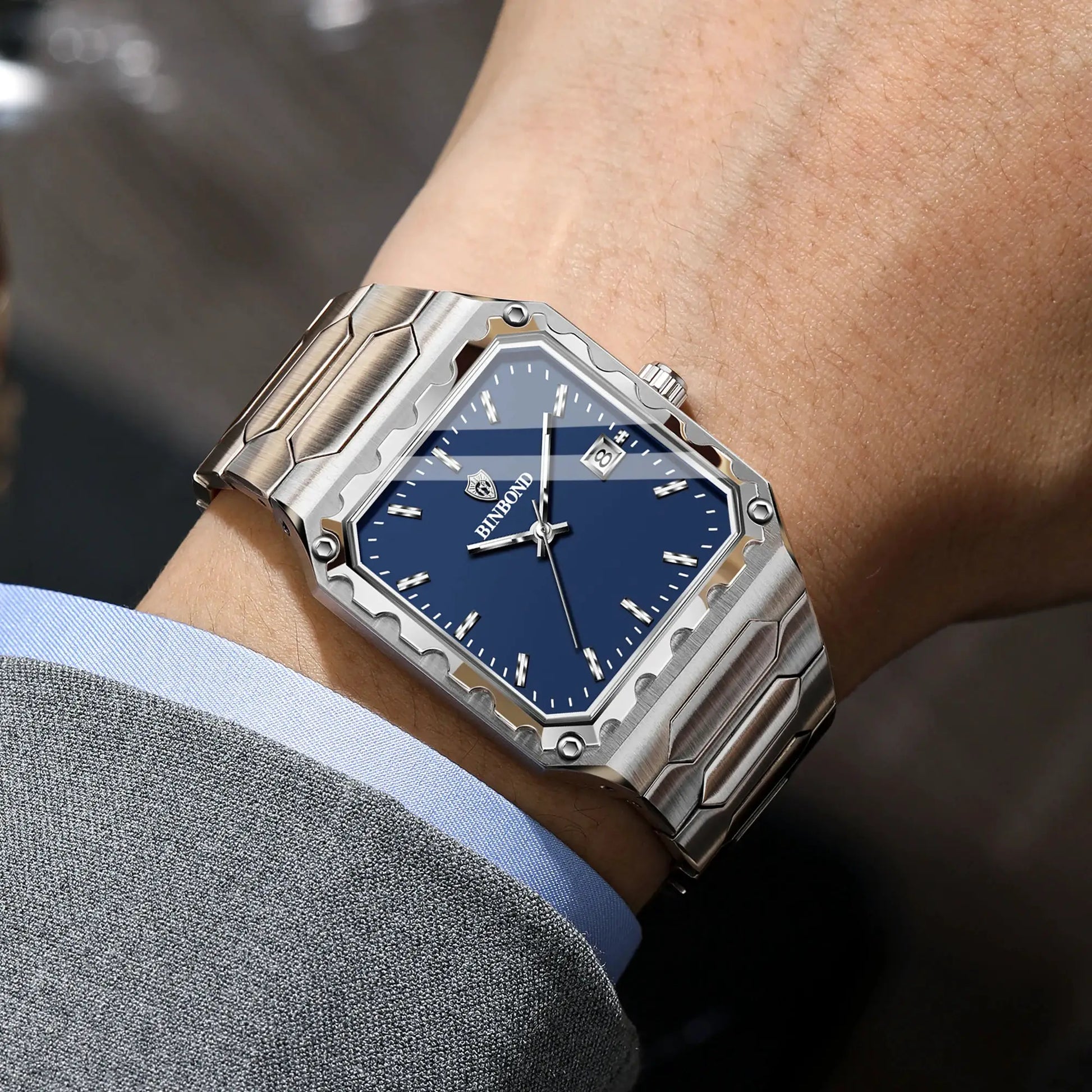 BINBOND men's wristwatch with stainless steel bracelet, blue dial, octagonal bezel and date window