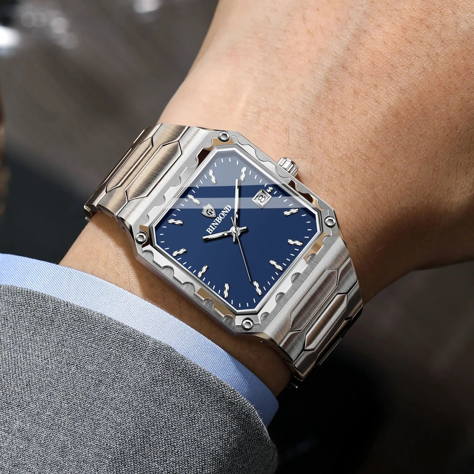 BINBOND men's wristwatch with stainless steel bracelet, blue dial, octagonal bezel and date window