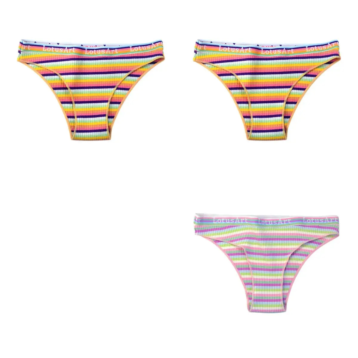 3-piece set of colorful striped cotton panties for women with LotusArt waistband, low-rise breathable briefs