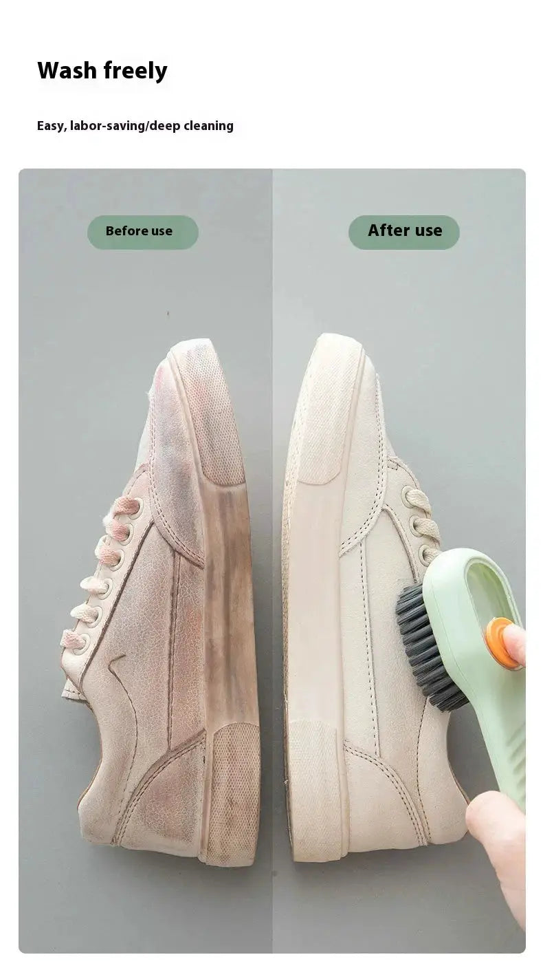 Simples Market shoes cleaner brush with soft bristles; pair of beige sneakers shown before/after cleaning
