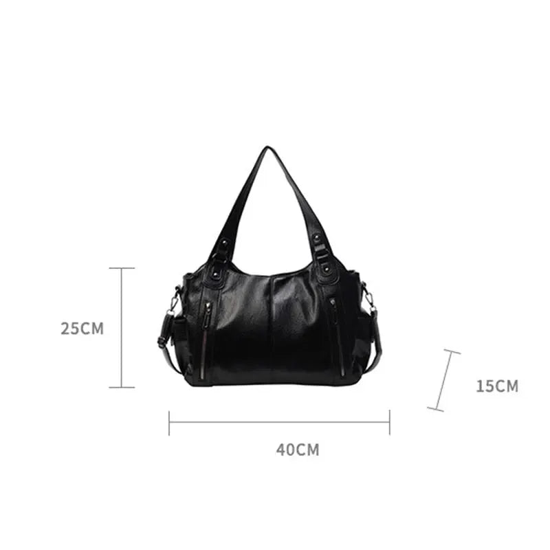 Simples Market black PU leather shoulder bag with soft interior compartment and crossbody strap, 40x25x15 cm