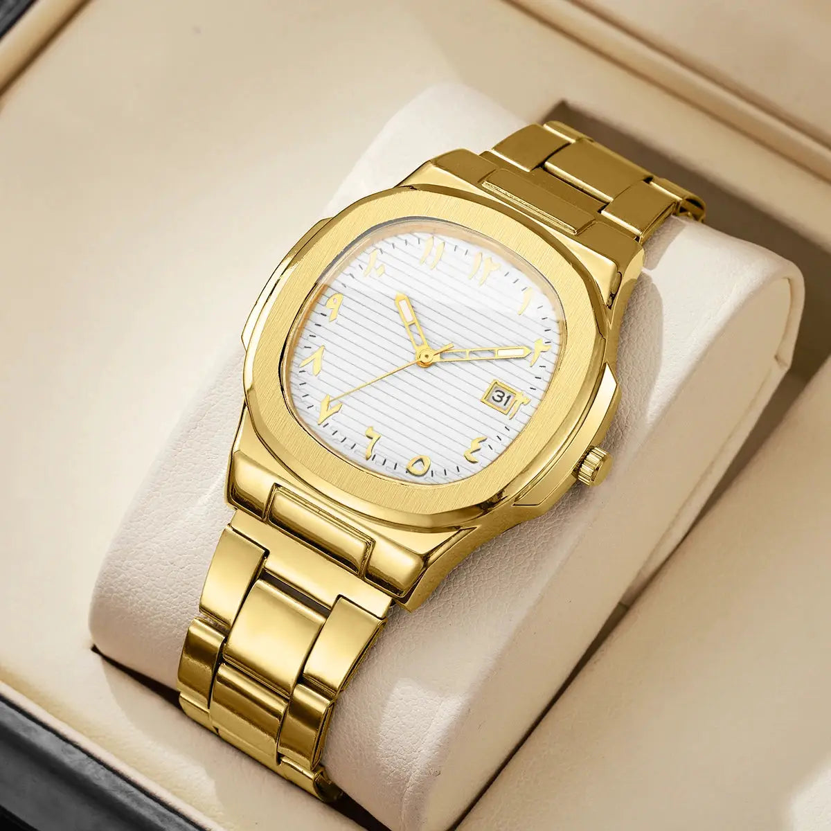 AuroraTime Luxury Square Dial Mens Business Watch Stainless Steel Strap Quartz Movement Calendar