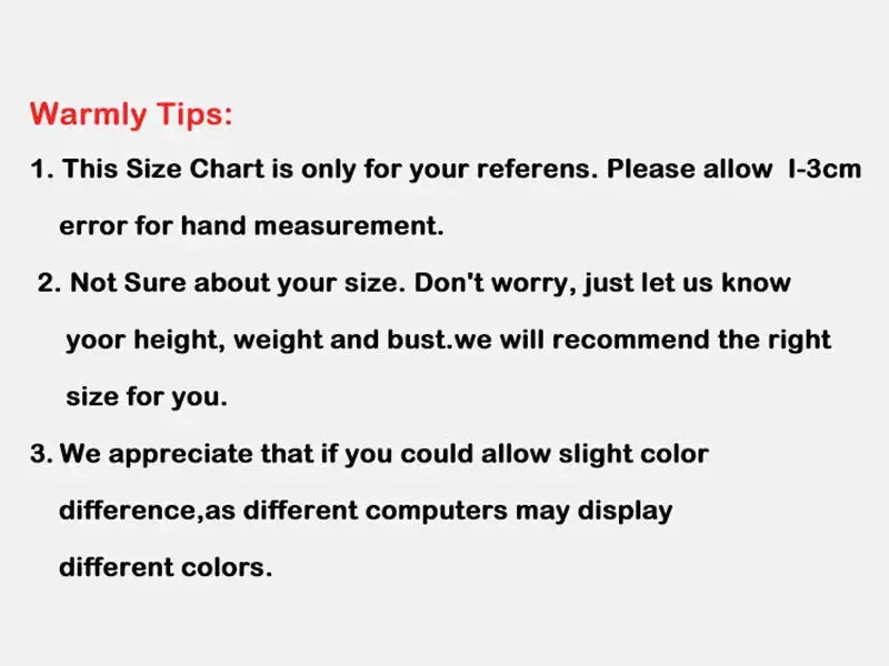 Size chart notice for apparel with warm tips about 1–3 cm measurement error, size guidance, and color differences across displays.