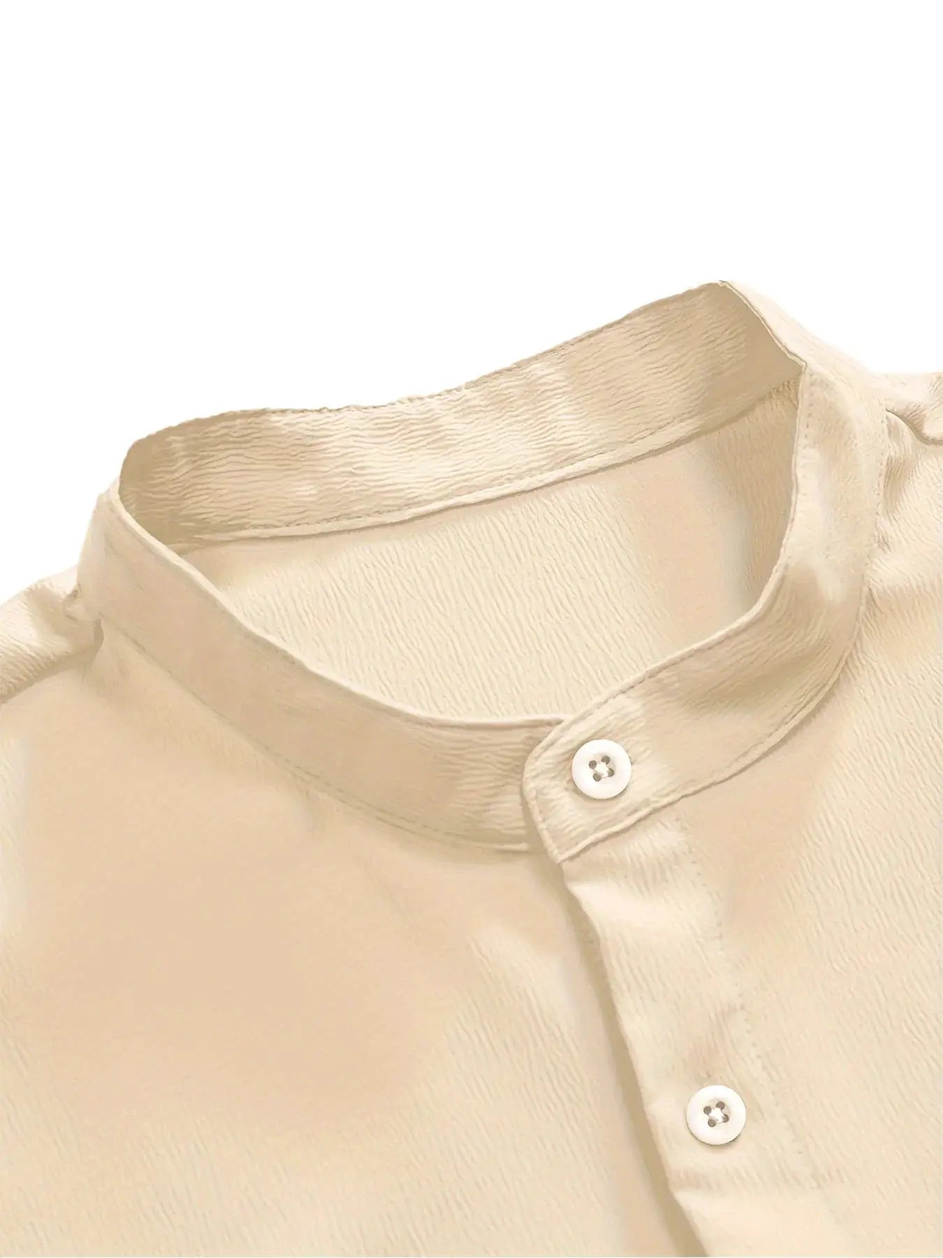 Men's beige linen short-sleeve shirt with stand-up collar and button placket