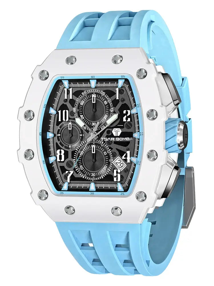 TSAR BOMBA men's watch with white tonneau case and blue strap; chronograph dial