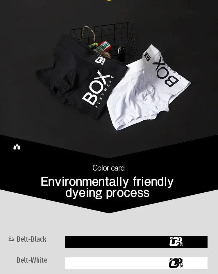 Men's cotton boxer underwear, Simples Market, black and white, BOX branding, breathable U-pouch, two pairs.