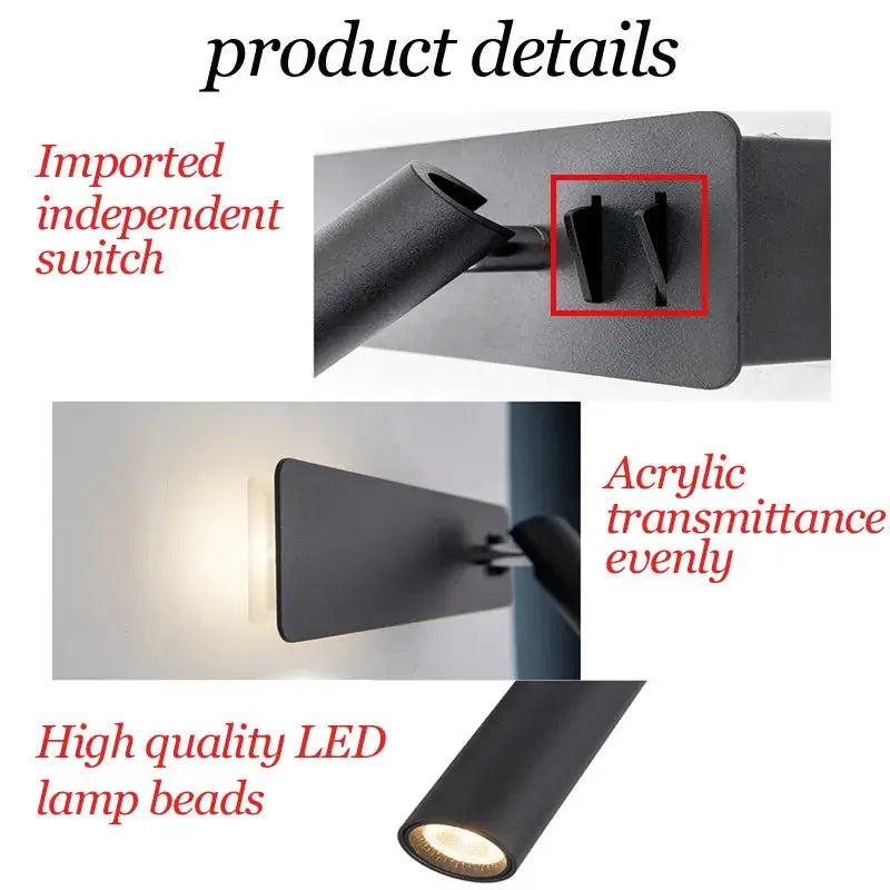 LED wall reading lamp by Simples Market; black minimalist bedside sconce with independent switch and 3W LED spotlight
