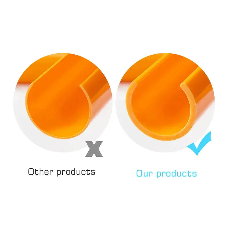 Orange hollow automotive trim tube cross-sections showing our products vs other products with a checkmark