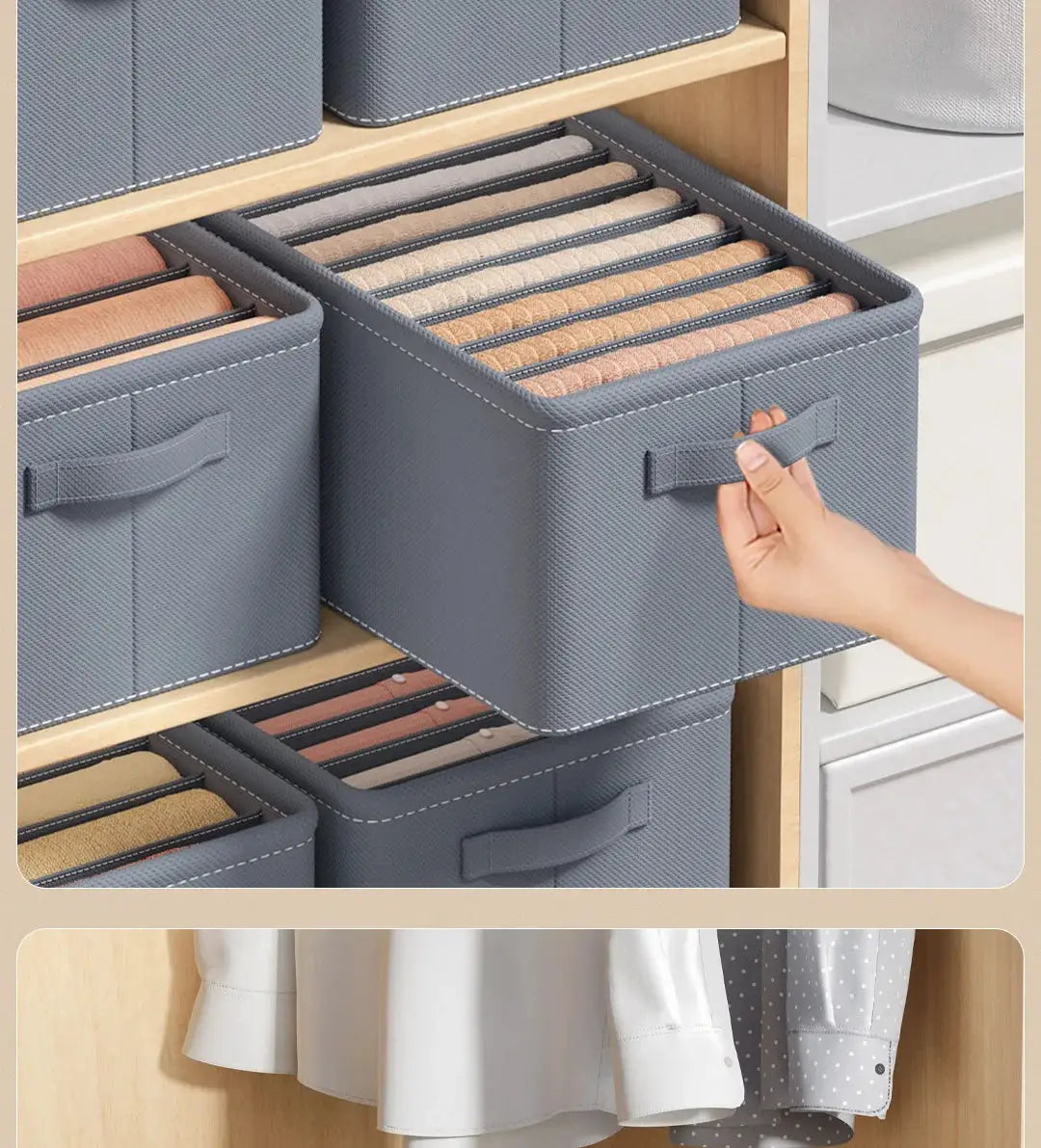 Storage boxes, gray fabric, foldable with handles, 6-piece set