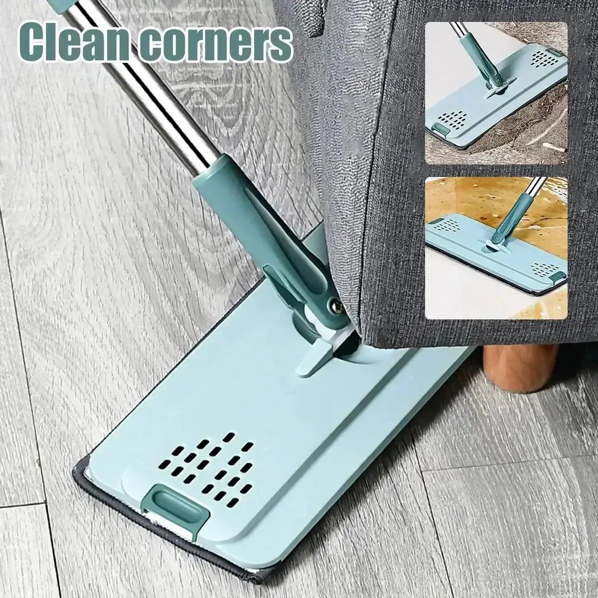 Flat squeeze mop with teal base and microfiber pad; easy-wring lever for hardwood and laminate floors